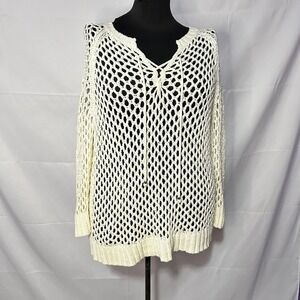 Crochet Knit Cover Up Tunic V Neck Long Sleeve Sweater Beach Cream Lightweight M